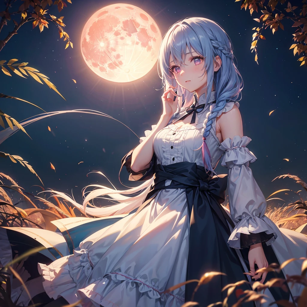 (Braiding),(Sky blue medium hair), (Pink eyes),(Fair skin)  ,(whole body),(One Girl),(harvest moon),(A large amount of Miscanthus sinensis in the background),autumn,(full moon),(masterpiece, Highest quality, Very detailed, Best Shadow), (Detailed Background), (Beautifully detailed face), High Contrast, (Best lighting, Very delicate and beautiful), ((Cinematic Light)), Hyper Detail,8k, Dramatic Light, Intricate details