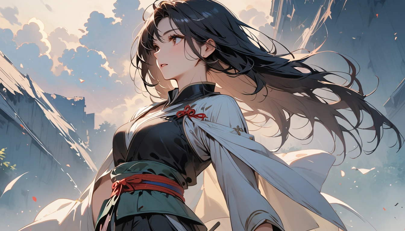 Ink Painting, (((1 girl))), (((samurai))), (((Holding a Japan sword with both hands))), (((Swordsman))), Japanese style headphones, beautiful girl, Black Hair, Delicate and precise, Modern ukiyo-e style, red and blue neon