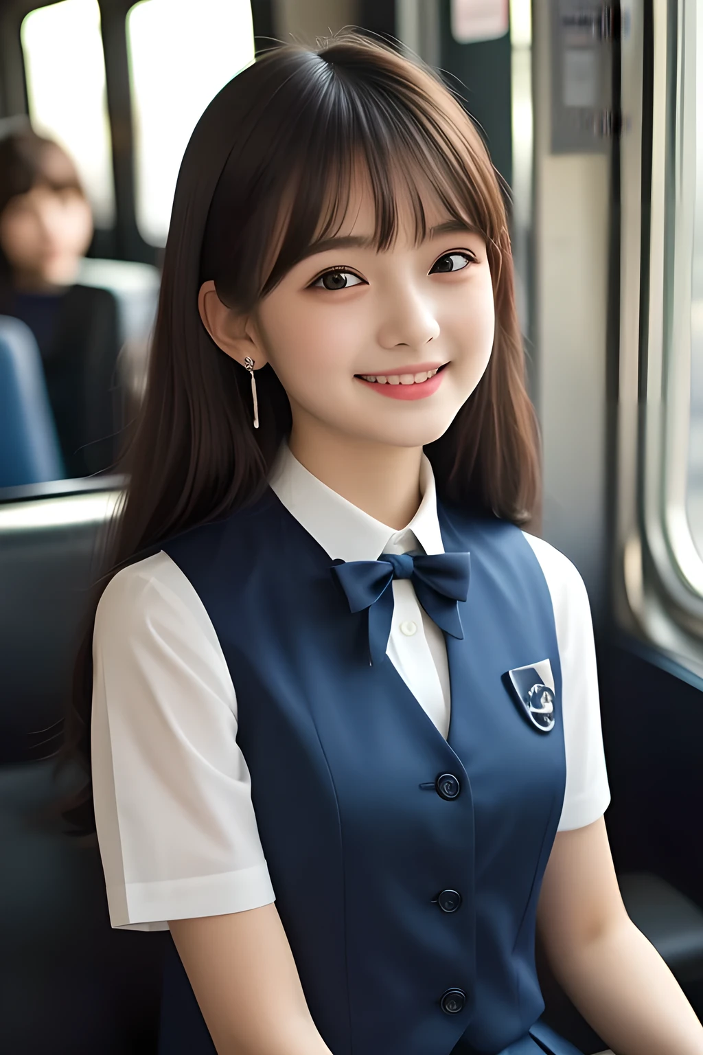 (highest quality, masterpiece, high resolution:1.2), 4K, (Photo quality detailed face: 1.2), (Giorgione painting style: 0.8), geometry, ( yo cute girly Japanese girl is seated and looking me up in a train: 1.0), Laughing cutely, (neat girly white short-sleeves school blouse: 1.0), (puffed short sleeves: 1.0), (Dark red glossy school ribbon on the breast: 1.0), (Gray Japanese school girly vest Uniform: 1.2), (Extremely laughing cheeks: 1.0), (Beautiful light-amber cute-dolly large clear eyes with detailed cutely: 1.4), (Long bottom eyelashes: 1.2), (Expressing the greatest joy with her whole body: 1.2), (Glossy lips: 1.0), (Super-straight long hair: 1.3), (cute earrings), (white and clear skin: 1.0), (Laughing 8yo intelligent French eyes with detailed: 0.9), (Placing her beautiful white hands together like praying: 0.9)