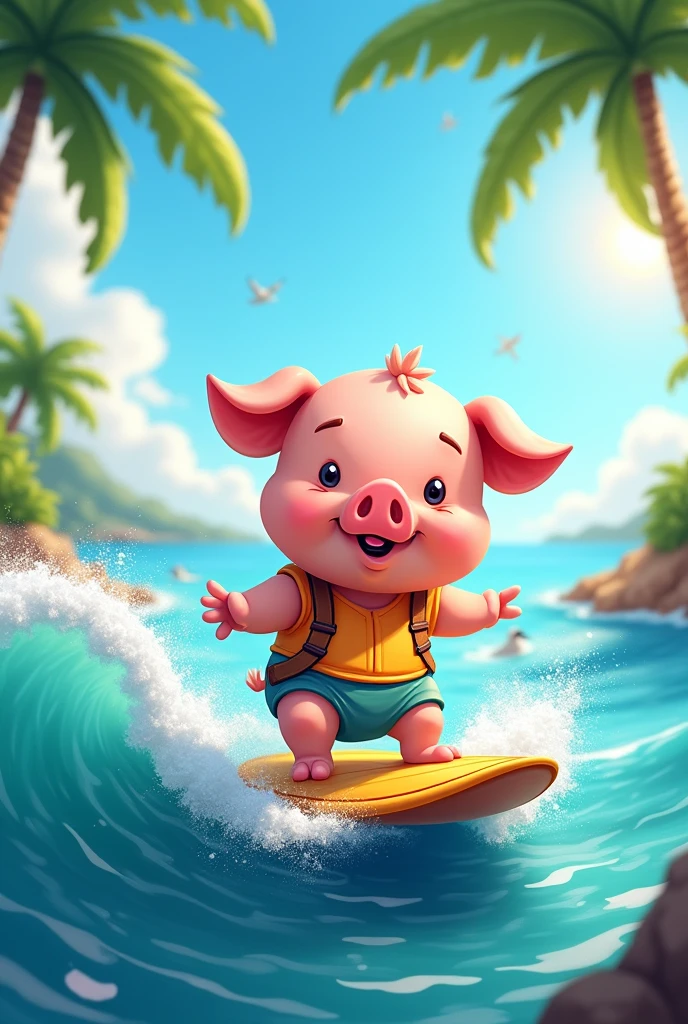 Cute pig surfing