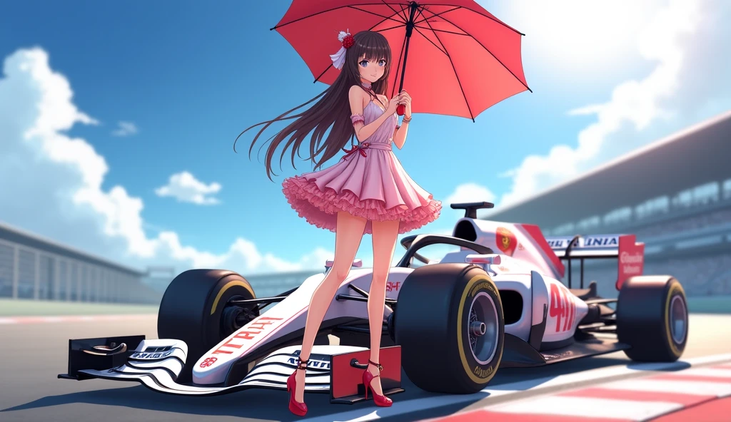F1 Race Circuit。One young Japanese race queen。Standing with a parasol in front of a race car。The costume you're wearing、separate。I have a bangle on my arm。Background、Sparkling in the summer sun。Anime Style。Looking from afar。Beautiful legs are attractive。whole body。Wearing high heels