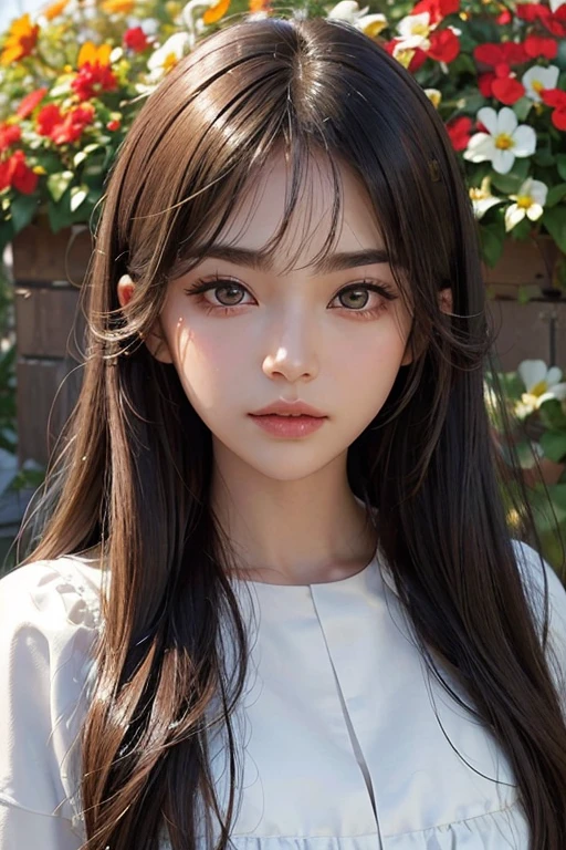 ((Very detailed、Photorealistic、Portrait))、((round face、Thick eyebrows、Gentle features、Large eyes and low cheekbones、Black Eyes、Emits a warm light、Fine highlights in the eyes、Long Straight、The bangs are straight and fall on the forehead、Hair color is black、Light Skin Tone、Smooth and healthy skin))、calm and gentle smile、In the background is a blooming garden、Warm sunshine in spring