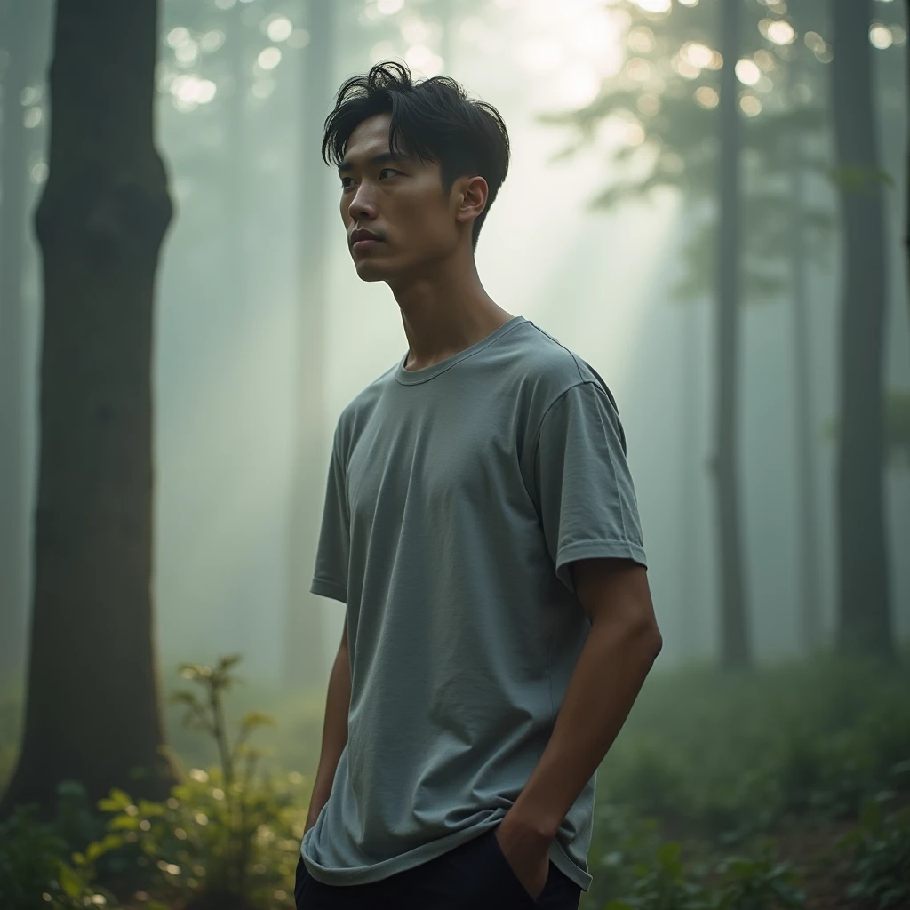 Model-like Asian man、The background is a forest、In the morning mist、T-Shirts