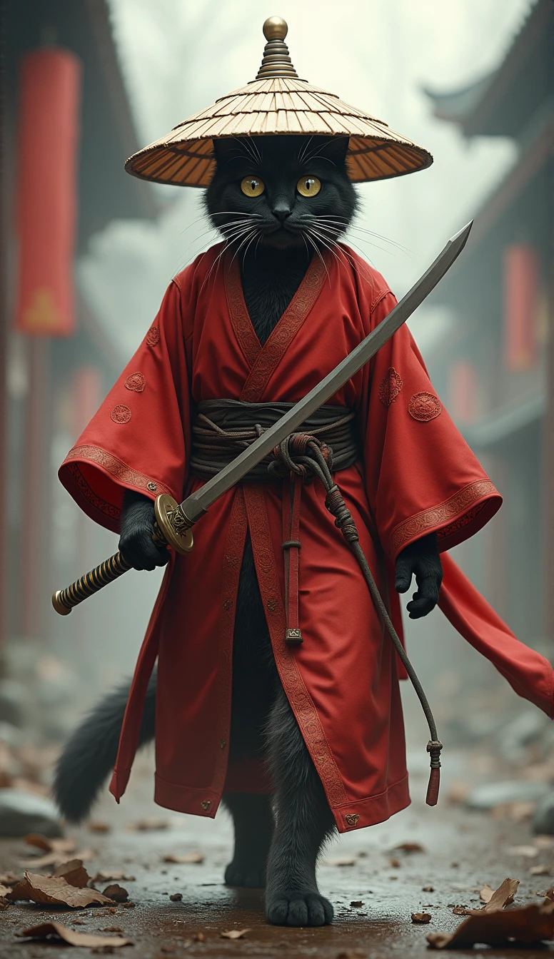 Create an image of a cat standing upright in traditional East Asian attire ( red ), wearing a wide bamboo hat on the head, wielding a sword with its right paw extended forward in an assertive stance ( walking posture ), set against a misty backdrop to convey an atmosphere of ancient martial arts mastery.