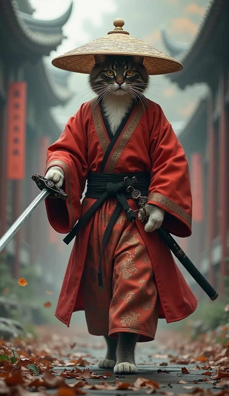 Create an image of a cat standing upright in traditional East Asian attire ( red ), wearing a wide bamboo hat on the head, wielding a sword with its right paw extended forward in an assertive stance ( walking posture ), set against a misty backdrop to convey an atmosphere of ancient martial arts mastery.