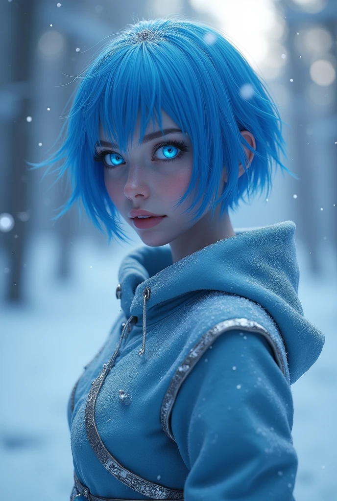 blue short hair, cosmic enchantress, glowing sclera, hypnotic eyes, ultra detailed, top to bottom, fullbody, frosty landscape, freezing, realistic, 4K, ultra-real, Unreal Engine, natural light, ray-traced, color grading