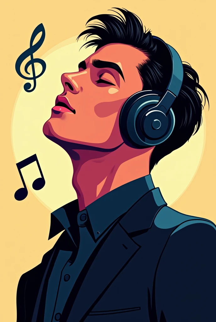 Create an icon for TikTok with a jazz music theme. The image should depict a stylish, modern male character. He should have short hair, wear large headphones, and have a relaxed, cool vibe, with his eyes closed as if he's deeply immersed in the music. He should be dressed in a suit or similar attire. The background should be bright. Include floating musical notes or jazz elements. The overall style should be sleek, contemporary, and focused on a moody jazz ambiance, making it suitable for a social media icon."  
