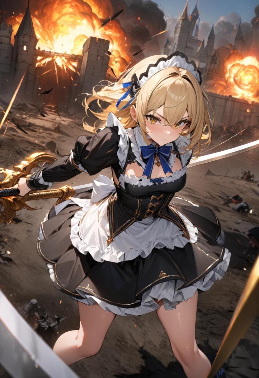 ((Highest quality:1.6)), ((Ultra-high resolution:1.6)), ((masterpiece:1.6)), (detailed:1.4), (detailedな顔:1,4), (detailedな目:1.4), (Perfect Anatomy:1,4), (Perfect Face:1,4), (Draw the whole body:1.2), (detailedなイラスト), One Girl, cute, strong, (Blonde, Small breasts, Black Dress, White apron, Blue ribbon, Gold A-line, Gold accents, Gothic maid outfit, Long:1,4), Burning Battlefield, Castle Defense, explosion, Large two-handed sword, (Western design sword, ), Tsuba competition, A strong enemy in front of me, Close race, fierce fighting, Deadly Combat, being cornered, I&#39;m somehow managing to protect it all by myself., (Slashed by a sword:1,2), (Torn apron:1.4), (Torn clothes:1.4), (Dirty clothes:1,4), (Dirty with ash and soot:1,4), Whole body dirt, scratch, Blood, Brandishing a sword with both hands, 