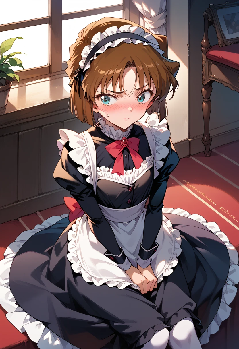 masterpiece,High resolution,Highest quality,8k(Detective Conan,ai haibara) (***************,,Flat Chest,Short,Brown Hair,short hair) ((Gothic ****ta maid outfit,Headband))Princess sitting,blush,Embarrassed