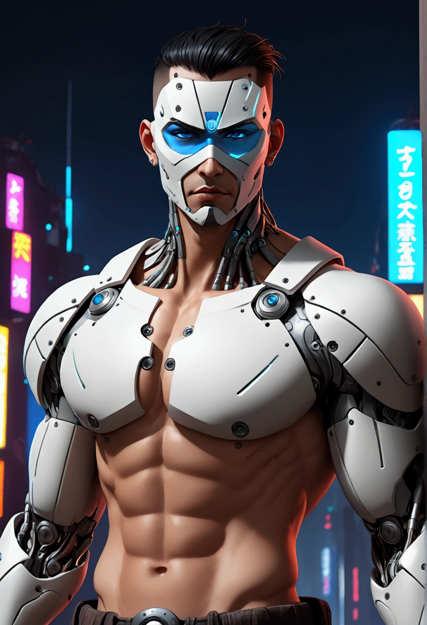 (best quality, Art, animation styling, Full of details), Upper body cut of a man with an Indian warrior feel, A man with a thick facial bone structure, A man with a thick neck and developed trapezius muscles, official anime art illustration, White person with blue eyes, Cartoon of a man wearing a mask on his face, protruding eyes, semi-realistic cyberpunk style, Portrait of a cyberpunk man, cyberpunk art ultrarealistic 8k, cyberpunk style , hyper realist, cyberpunk character, Trends in ArtStation, Complete movie character, Trends in ArtStation 4k, Cyberpunk Cyborg Upper Body, Realistic upper body like a movie, A perfectly realistic cyberpunk hero., inc썩음ibly detailed, 8k, Ultra HD, Art, best quality, very detailed, convoluted, Expressing the upper body, Show me your waist, Cyborg, a machine-to-human ratio, Chest area full of visible machine parts, Machine parts for abs too, All below the neck is mechanical, Attaching machine parts to the face, Strong light emission on waist belt, A brightly lit city background, dark colored machine, full body pose, whole body