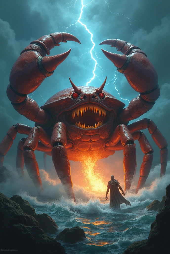 The main character is a crab, and the place where I add cat elements is the sea. I make it really big, really big. I make it look really strong. I make it a lightning effect. It spits flames. It has lots of human arms. It has human legs. It looks like it's killing people.