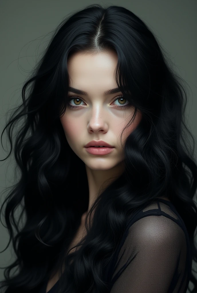 The woman has wavy hair, long black hair that is black as night that looks like waterfalls falling in waves. His eyes are heterochromatic, one in grayish tones and the other in amber. In addition to having a strong face, with well-defined features, Nordic, Swedish