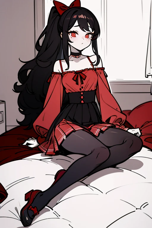 using pantimedies, wavy black hair, piercing look with deep red eyes, average stature, Silky hair with a ponytail hairstyle collected with a red bow with two white lines, with clothes, has a vagina, has breasts, cup of breasts, small breasts, slim, foreground, Session, sitting in her room, sitting on the floor of her room, wearing pantyhose, using pantimedies, Picardias, short skirt, shoes, blouse with straps 