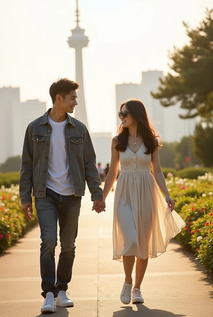 Pose 1: Hand-in-Hand Stroll
Description: The couple is walking hand-in-hand along a pathway in Yamashita Park. The woman is slightly leaning towards the man, and they both have gentle, warm smiles. They are looking ahead, enjoying the view of Yokohama Bay in the background. The woman's light, flowy dress and the man’s casual jacket move with their steps, captured in mid-motion.
Background: The path is bordered by lush greenery and colorful flower beds. The Marine Tower is visible in the distance, adding a touch of iconic Yokohama to the scene.
Lighting: Soft, golden-hour sunlight bathes the scene, casting a warm glow on their faces and the surroundings.