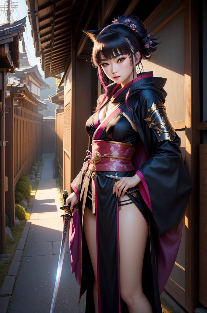 wearing costume、Alafid woman with sword and cloak, anime girl role play, she holds a katana, ayaka role play, anime role play, Inspired by Kiyonobu Torii I, Very beautiful cyberpunk warrior, Fox and bush, Japanese Goddess, glamourous role play, Drawing her katana, role play, Wear a kimono, role play photo