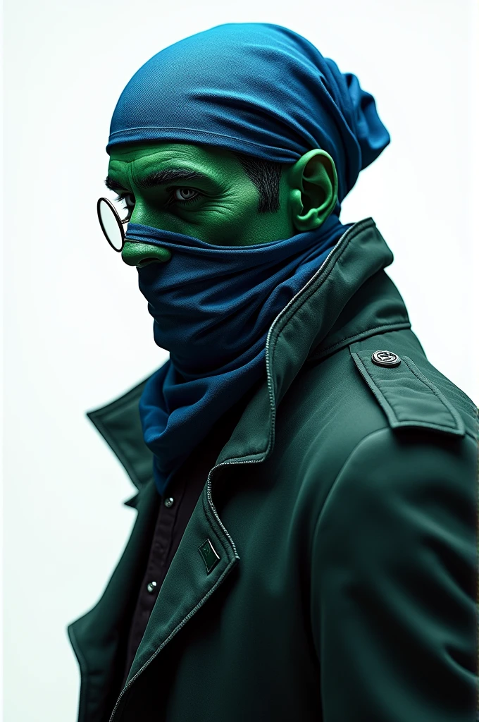 A man with green skin and a blue bandana on his head that covers his eyes stands on a white background. He is wearing a jacket and a monocle