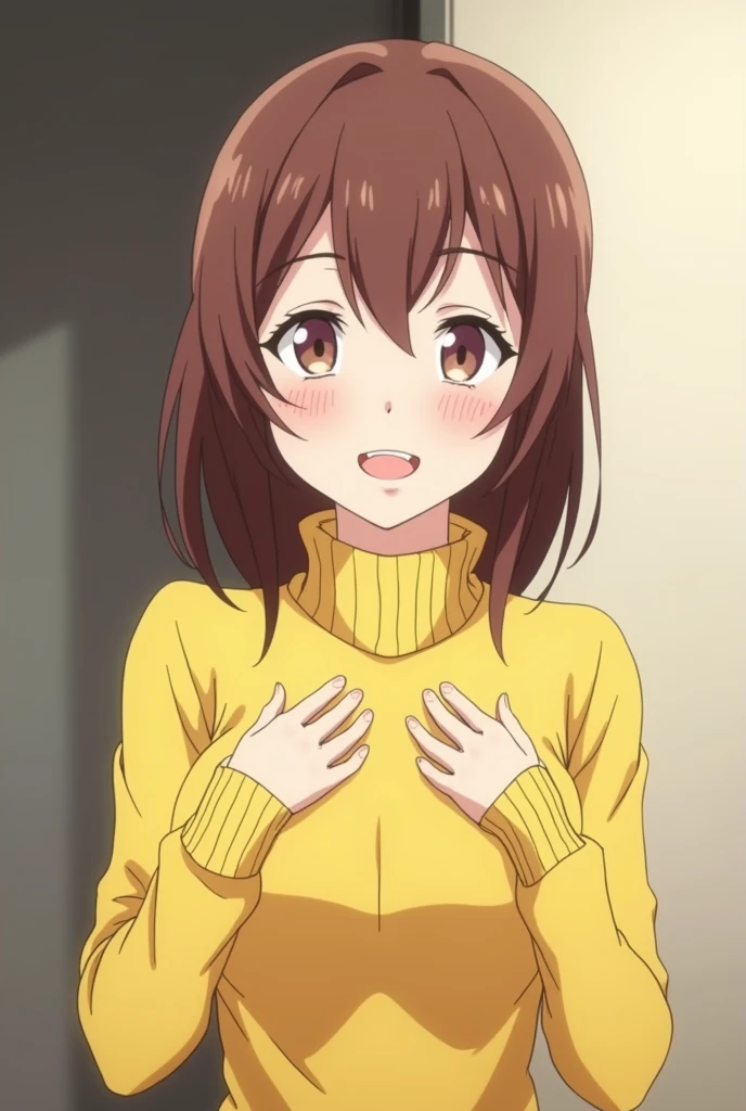 best quality, abrudres, anime screencap, An 18-year-old girl emphasizing her cleavage and smiling((Grab your chest with both hands))、Wearing a yellow turtleneck sweater、Breasts enlarged、Sexy Posing、I'm sweating、Redness of cheeks、