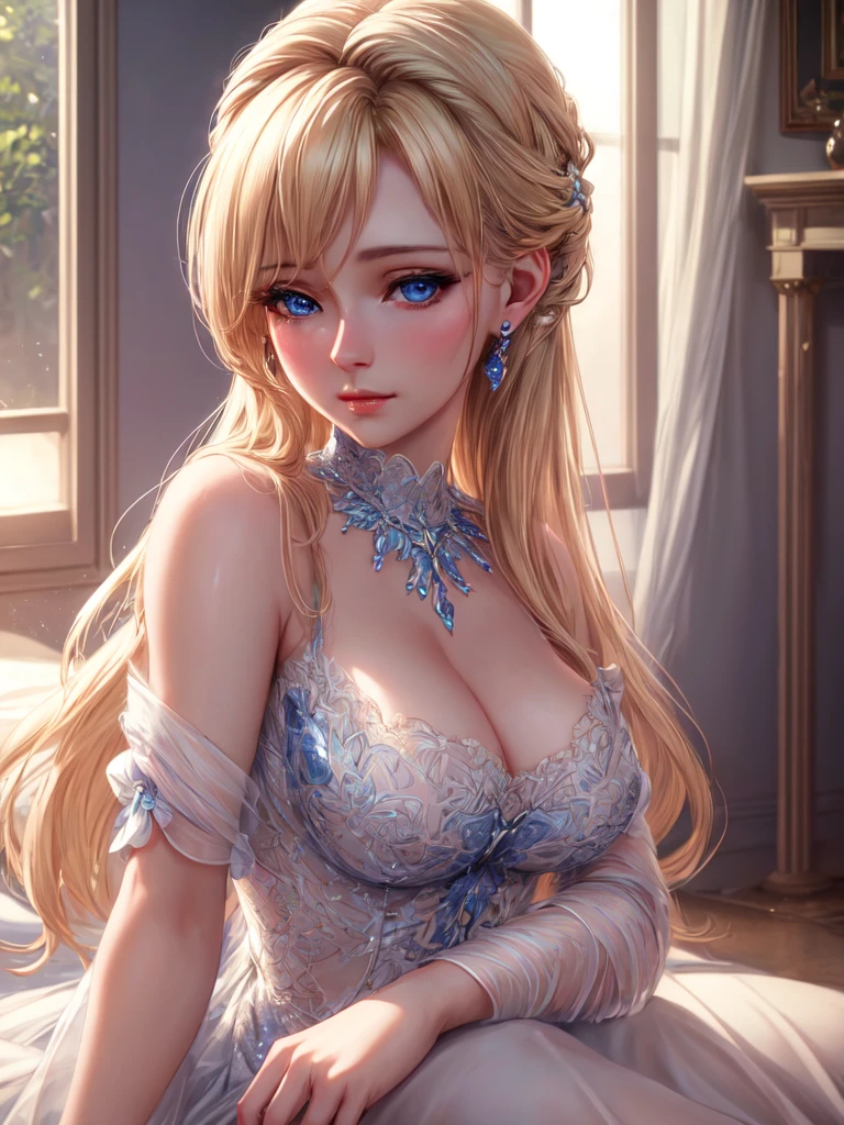 portrait, realistic, elegant mature woman, blue eyes, blonde hair, sheer top 4k resolution cg, beautiful cg, soft light