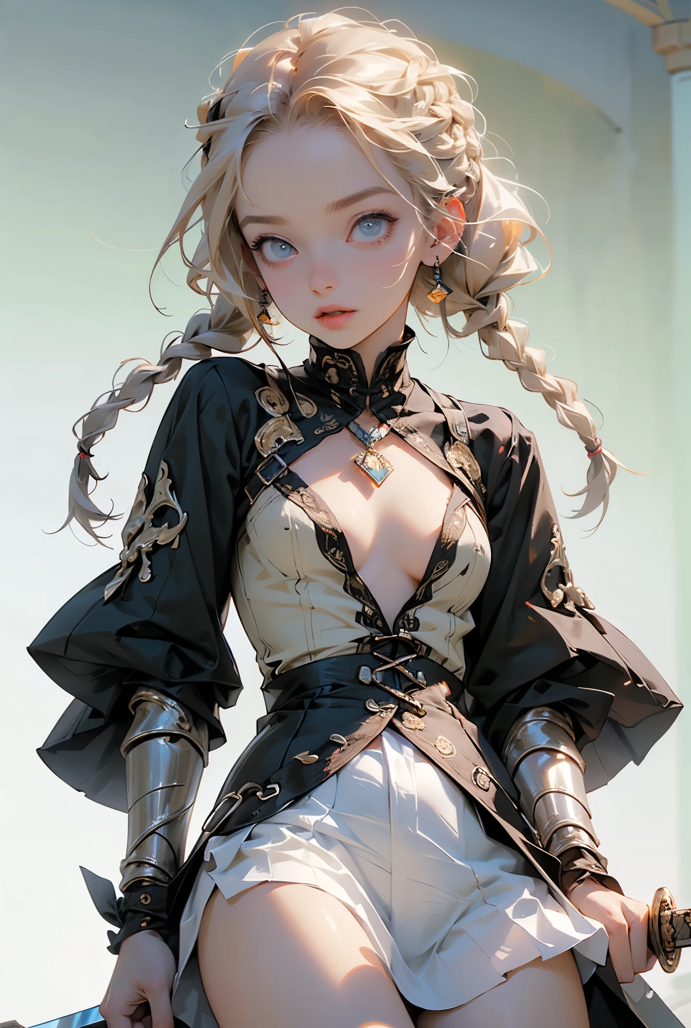 (((masterpiece, of the highest quality, super detailed))), (a female knight of an occult order), (an occult saint), (combat pose), (ready for combat), (resolved expression), (resolute expression), (((holding a sword))), (Edwardian/Victorian era inspired), ((minimal but intricate beautiful armour)), (big forhead:1.2),extremely detailed cute anime face, (((flat chest))), ((flat chest:1.1)), ((((long twin braids,tight braids,long braid,braided hair,long hair)))), ((ponytail, thick ponytail, heavy ponytail)), ((Fluttering lace flared dress with frilly petticoats)), ((((Highly detailed face))), (((Very sharp focused eyes))), very long eyelashes, ((small breasts)), (((flat chest:1.1))), occult aesthetic, (red and white clothing detailed and intricate steampunk and detailed gothic), (with a hood), complex lace boots, (full body)