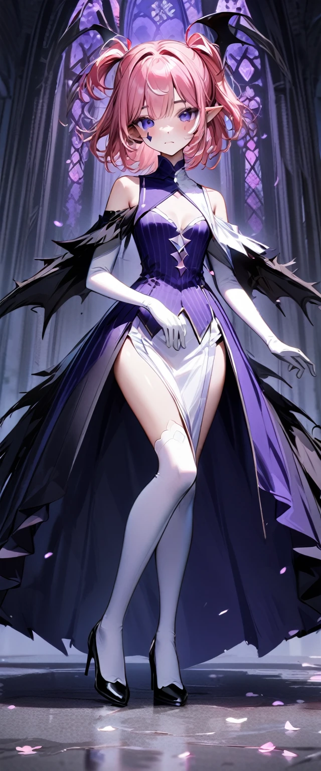 UHD, masterpiece, best quality, extremely detailed, anatomically correct, sharp focus, Midnight, purple moon, Church , altar isle, falling petals, ((full body portrait)), 1girl, solo, camilavtuber, ((pink hair)), short hair, shoulder length hair, ((black head wings)), ((twin ponytail)), purple eyes, facial mark, slim arms, white arm sleeves, white gloves, small chest, 1devil wing, white long gown, high slit gown, slim legs, white stockings, black high heels, full body shot, close up, innocent pose, Eye-Level Shot, front view, innocent pose