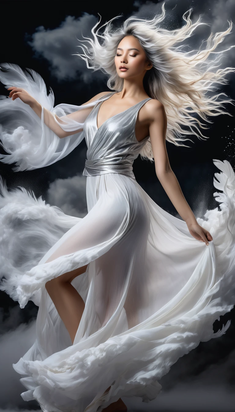 photografic 16k, portrait cadrage integral,create an exquisite ink painting of a beautiful wind sourceror and dancer with long white hair turning into clouds that dissipate into the background, long eyelashes, with feathered wings dissipating into the clouds and mid-spin in a flowing dress made of clouds dissipating into the background, hands blocked by soft clouds, splashes of silver watercolors for highlights, cinematic, painting, 3d render, photo, poster, evoking a surreal etheric beautiful angel, a feeling of protection and exquisite peace, cinematic, photo with canon eos 5d mark iv, cinematic, realistic, black background, photo fusion, sfx photo, animé, cinematique, walking bottom view