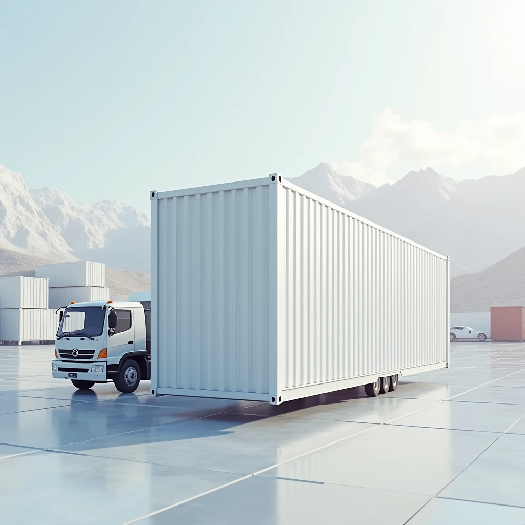 Hyper realistic image of one white cargo container viewed from afar close to one white logistics truck on shipment background