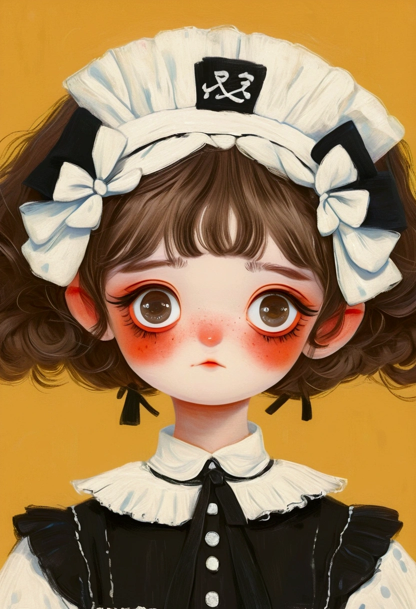 A painting,Pastel Art:Little girl in black and white maid costume。big eyes,short hair,Lovely art style, Lovely and detailed digital art, Cute numbers艺术, Lovely artwork, Kawaii realistic portrait, Change, Cute numbers, Lovely portrait, Kasuga, Lovely characters, Cute, colorful and adorable
