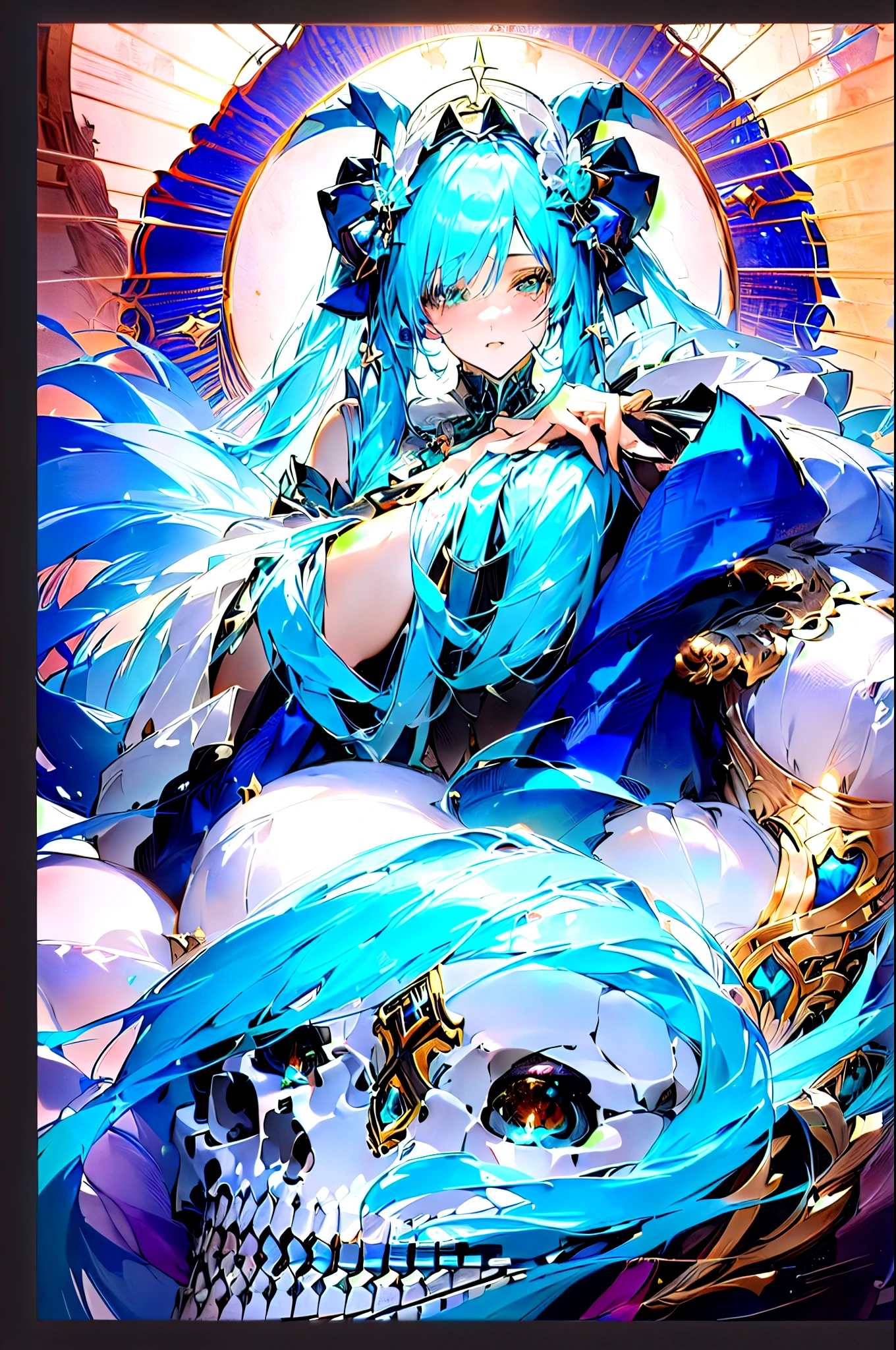 a woman with blue hair and a goat skull on her head, anime girl with teal hair, seductive anime girl, top rated on pixiv, extremely detailed artgerm, anime goddess, beautiful alluring anime woman, mikudayo, detailed digital anime art, anime woman, detailed anime character art, artgerm style, beautiful anime woman, digital anime illustration