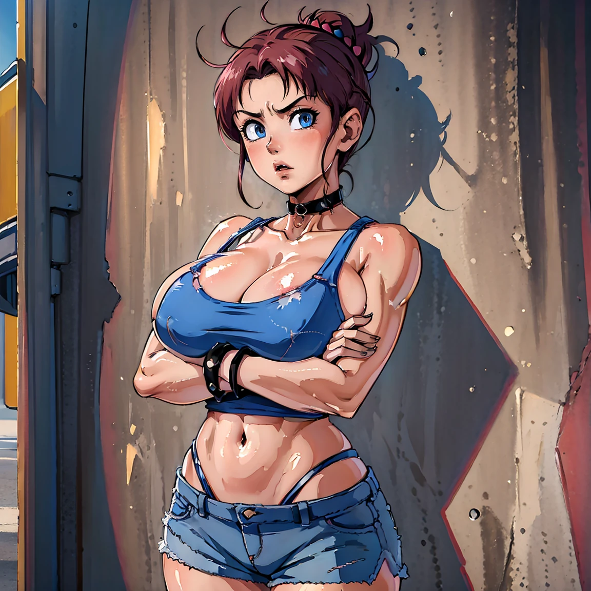 score_9, score_8_up, score_7_up, source_anime BREAK 1girl, solo, cowboy shot, looking at viewer, close-up, facing viewer, 
poisonff, pink hair, blue eyes, spiked hair, peaked cap, choker, collar, tank top, short shorts, denim shorts, torn clothes, androgynous,
huge breasts, bored, lips, puckered lips, annoyed, crossed arms, from below, 
outdoors, street, blue sky, cloud, against wall, leaning back,