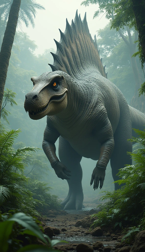Spinosaurus Create a highly realistic and dramatic image of a dinosaur. The dinosaur must be detailed with realistic textures, scales, and colors. The setting is a prehistoric jungle with lush vegetation and a misty atmosphere.. The dinosaur is in action pose, showing his power