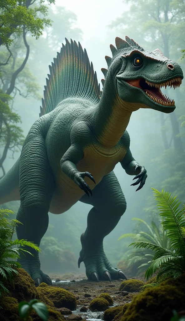Spinosaurus Create a highly realistic and dramatic image of a dinosaur. The dinosaur must be detailed with realistic textures, scales, and colors. The setting is a prehistoric jungle with lush vegetation and a misty atmosphere.. The dinosaur is in action pose, showing his power