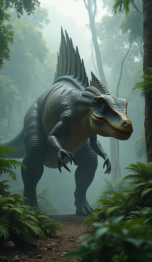 Spinosaurus Create a highly realistic and dramatic image of a dinosaur. The dinosaur must be detailed with realistic textures, scales, and colors. The setting is a prehistoric jungle with lush vegetation and a misty atmosphere.. The dinosaur is in action pose, showing his power