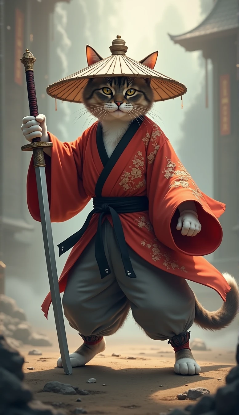 Create an image of a cat standing upright in traditional East Asian attire ( red ), wearing a wide bamboo hat on the head, wielding a sword with its right paw extended forward in an assertive stance ( running posture ), set against a misty backdrop to convey an atmosphere of ancient martial arts mastery.