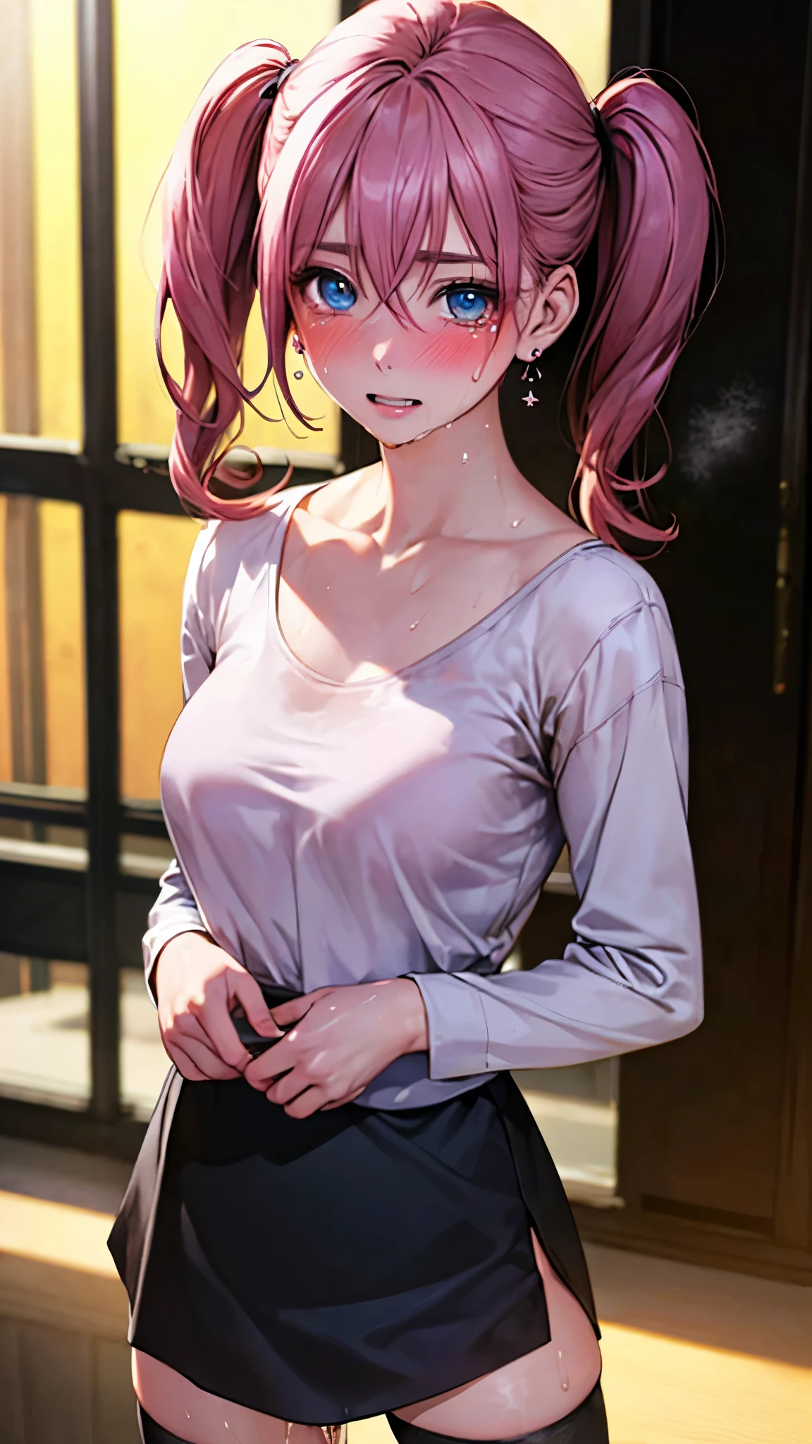 (masterpiece:1.2, top-quality), (realistic, photorealistic:1.4), beautiful illustration, (natural side lighting, movie lighting), depth of fields, nsfw,
beautiful detailed hair, beautiful detailed face, beautiful detailed eyes, beautiful clavicle, beautiful body, beautiful chest, beautiful thigh, beautiful legs,
looking at viewer, 1 girl, , (perfect anatomy, anatomically correct, super detailed skin), cute and symmetrical face, perfect face, perfect eyes,
(long hair:1.5, twin tails, pink hair), hair between eyes, blue eyes, big eyes, double teeth, long eye lasher, (large breasts, seductive thighs), perfect body, shiny skin, pink skin,
(black knee socks, pink long sleeve shirt, black skirt, silver earrings), (body odor, sweat, body odor, pussy, love juice, bad smell),
(beautiful scenery), evening, (nightclub1.2, champagne), standing doggy style, (tears, blush, snot),