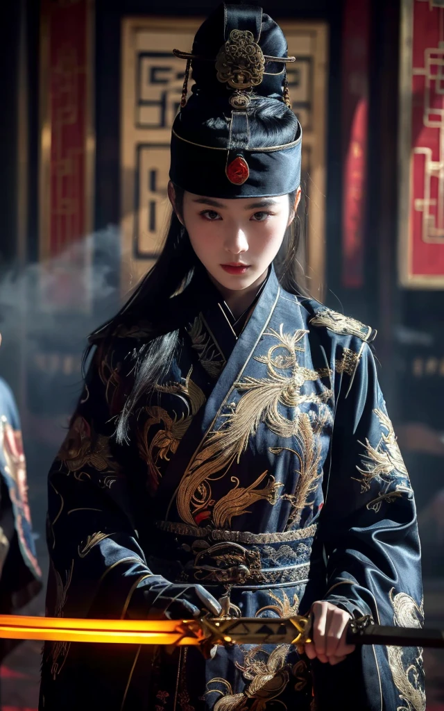 Wearing embroidered Chinese clothing,Dynamic Angle,view,Practical,Luminescence,
Xueer Embroidered Guard Uniform, have, Solitary,  Looking at the audience, Holding a sword, Black Hair, scar, Vague, scar on face, 1 female upper body，Solitary,Beautiful women,
