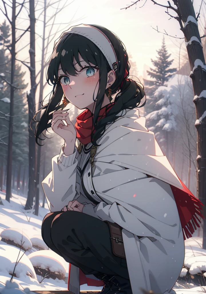 Your thorns, One Girl, blush, Black Hair,Red eyes, hair band, jewelry, Earrings, happy smile, smile, Open your mouth,
Open your mouth,snow,Ground bonfire, Outdoor, boots, snowing, From the side, wood, suitcase, Cape, Blurred, Eat food, forest, White handbag, nature, Squat, Mouth closed, フードed Cape, winter, Written boundary depth, Black shoes, red Cape break looking at viewer, Upper Body, whole body, break Outdoor, forest, nature, break (masterpiece:1.2), Highest quality, High resolution, unity 8k wallpaper, (shape:0.8), (Beautiful and beautiful eyes:1.6), Highly detailed face, Perfect lighting, Extremely detailed CG, (Perfect hands, Perfect Anatomy),