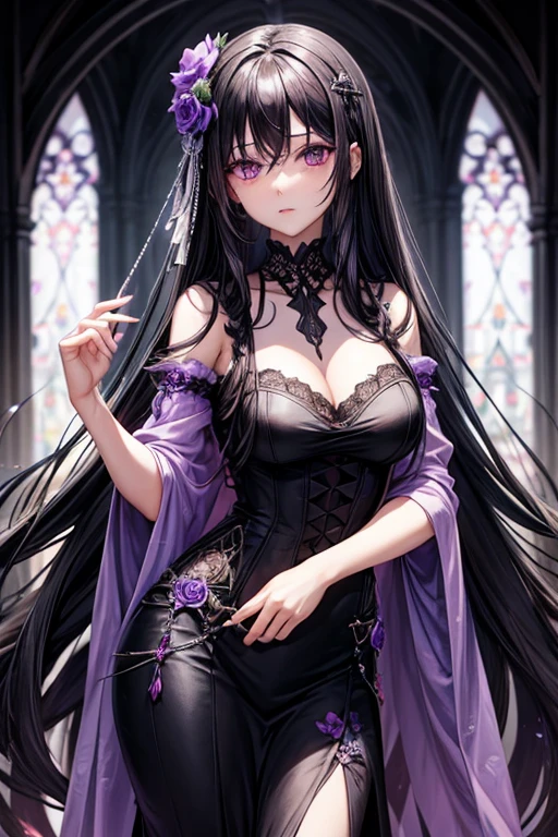A woman with long, flowing black hair, a flower hairpin, purple eyes, and a gothic dress.