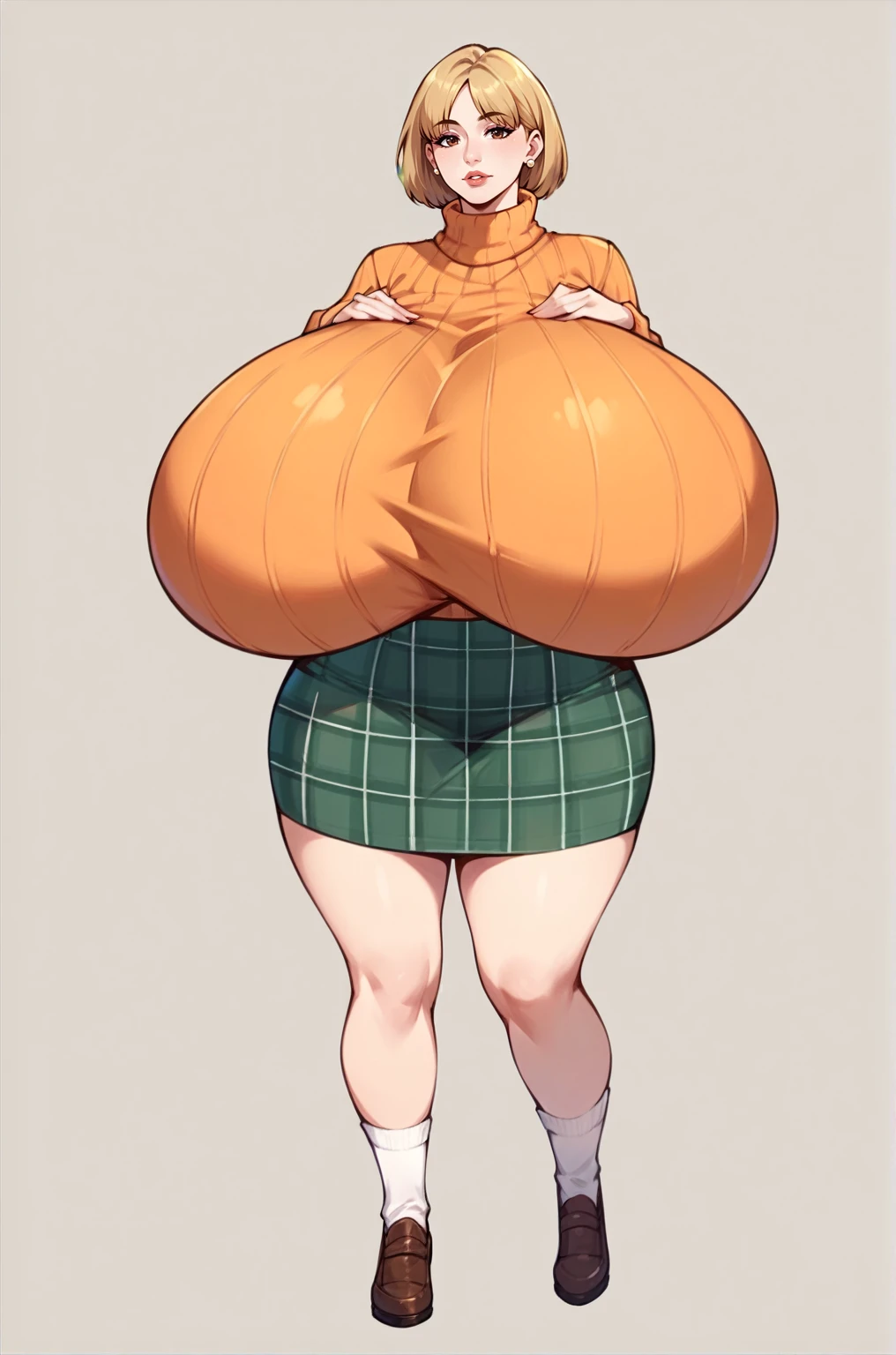 score_9, score_8_up, score_7_up, score_6_up, score_5_up, score_4_up, solo, Ashely Graham from resident evil 4, ((thicc mature mom)), short blonde hair, brown eyes, ((orange sleeveless turtleneck sweater with a burgundy sweater around her neck)), green plaid skirt, big thick full lips, ((pouted lips)), ((squinting eyes)), ((full body)), ((NSFW)), sexy, seductive, alluring, cute, motherly, joyful smile, (((gigantic breasts))), sagging breasts, big nipples, wide hips, thick thighs, huge ass, ((hands holding own breasts))