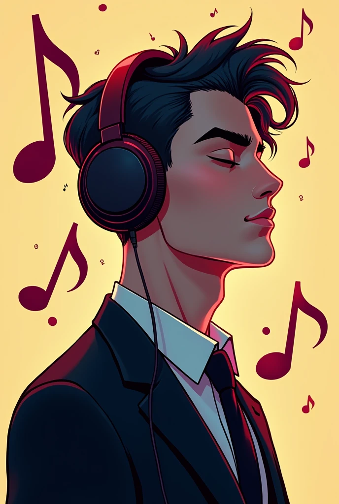 Create an icon for TikTok with a jazz music theme. The image should depict a stylish, modern male character. He should have short hair, wear large headphones, and have a relaxed, cool vibe, with his eyes closed as if he's deeply immersed in the music. He should be dressed in a suit or similar attire. The background should be bright. Include floating musical notes or jazz elements. The overall style should be sleek, contemporary, and focused on a moody jazz ambiance, making it suitable for a social media icon."