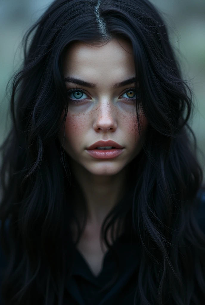 The woman has wavy hair, long black hair that is black as night that looks like waterfalls falling in waves. His eyes are heterochromatic, one in grayish tones and the other in amber. In addition to having a strong face, with well-defined features, Nordic, Swedish