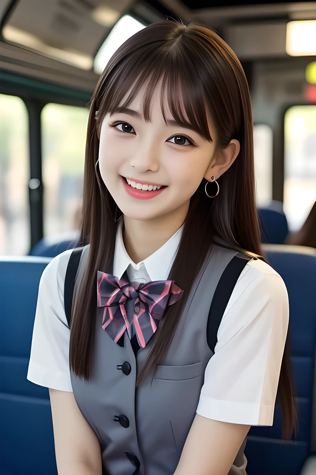 (highest quality, masterpiece, high resolution:1.2), 4K, (Photo quality detailed face: 1.2), (Giorgione painting style: 0.8), geometry, ( yo cute girly Japanese girl is seated and looking me up in a train: 1.0), Laughing cutely, (neat girly white short-sleeves school blouse: 1.0), (puffed short sleeves: 1.0), (Dark red glossy school ribbon on the breast: 1.0), (Gray Japanese school girly vest Uniform: 1.2), (Extremely laughing cheeks: 1.0), (Beautiful light-amber cute-dolly large clear eyes with detailed cutely: 1.4), (Long bottom eyelashes: 1.2), (Expressing the greatest joy with her whole body: 1.2), (Glossy lips: 1.0), (Super-straight long hair: 1.3), (cute earrings), (white and clear skin: 1.0), (Laughing 8yo smiling super-cute eyes with detailed: 0.9), (Placing her beautiful white hands together like praying: 0.9)