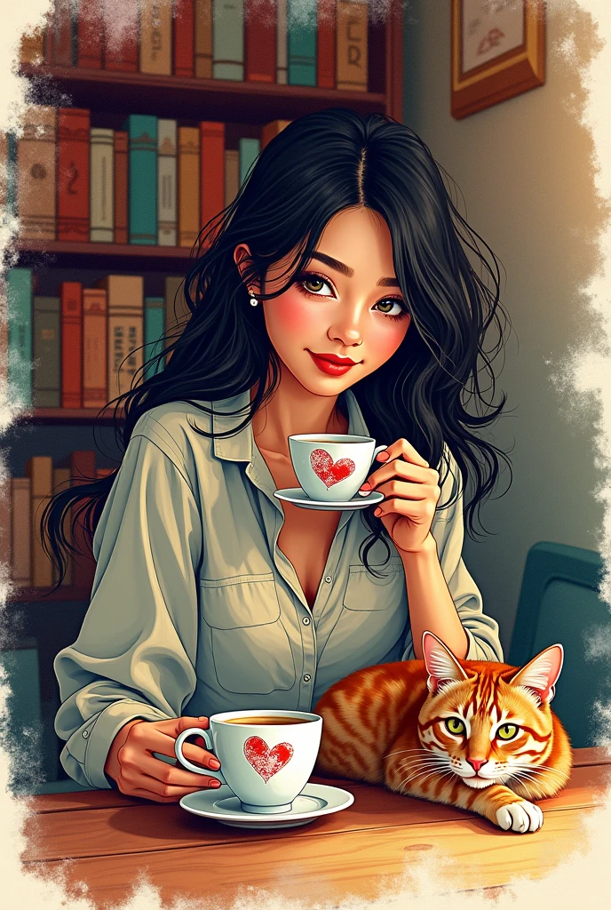 Ink splashes, image of beautiful girl 25 Y.O. Sitting on table with cup of coffee and cat is sitting beside the table and background is a poetry room in which the girl is sitting, on kraft paper in the technique of aerosol painting, ink, high resolution. the whole scene should be visible
