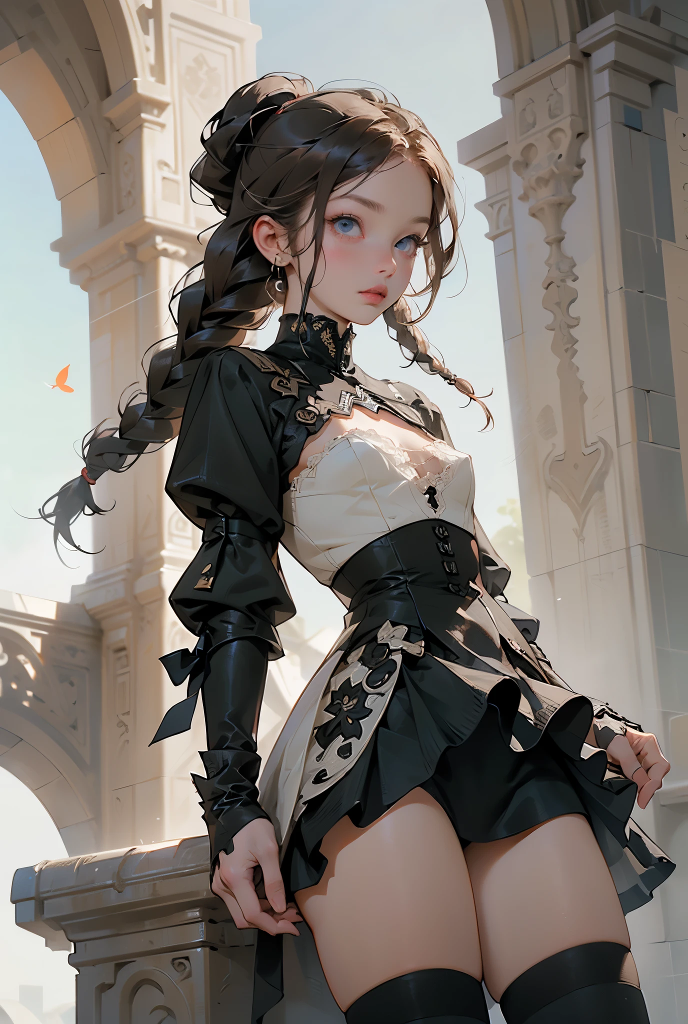 (((masterpiece, of the highest quality, super detailed))), (a female knight of an occult order), (an occult saint), (combat pose), (ready for combat), (resolved expression), (resolute expression), (((floating sword, nier automata))), (Edwardian/Victorian era inspired), ((minimal but intricate beautiful armour)), (big forhead:1.2),extremely detailed cute anime face, (((flat chest))), ((flat chest:1.1)), ((((long twin braids,tight braids,long braid,braided hair,long hair)))), ((ponytail, thick ponytail, heavy ponytail)), ((Fluttering lace flared dress with frilly petticoats)), ((((Highly detailed face))), (((Very sharp focused eyes))), very long eyelashes, ((small breasts)), (((flat chest:1.1))), occult aesthetic, (red and white clothing detailed and intricate steampunk and detailed gothic), (with a hood), complex lace boots, (full body)