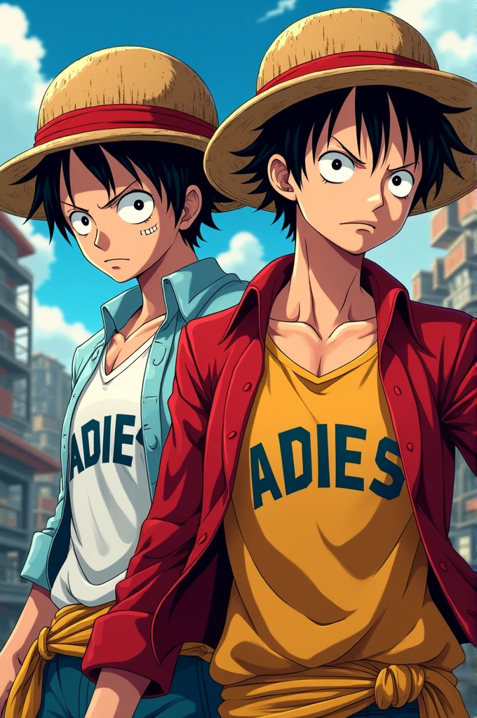 Portrait of Luffy and Zoro from One Piece, detailed scene, very detailed, anime, there is a name on the character's shirt in modern bold writing with environmental details "ADIES", Make sure the name "ADIES" is read correctly. Wide shot of full body visible, very complex, ray tracing, 8k