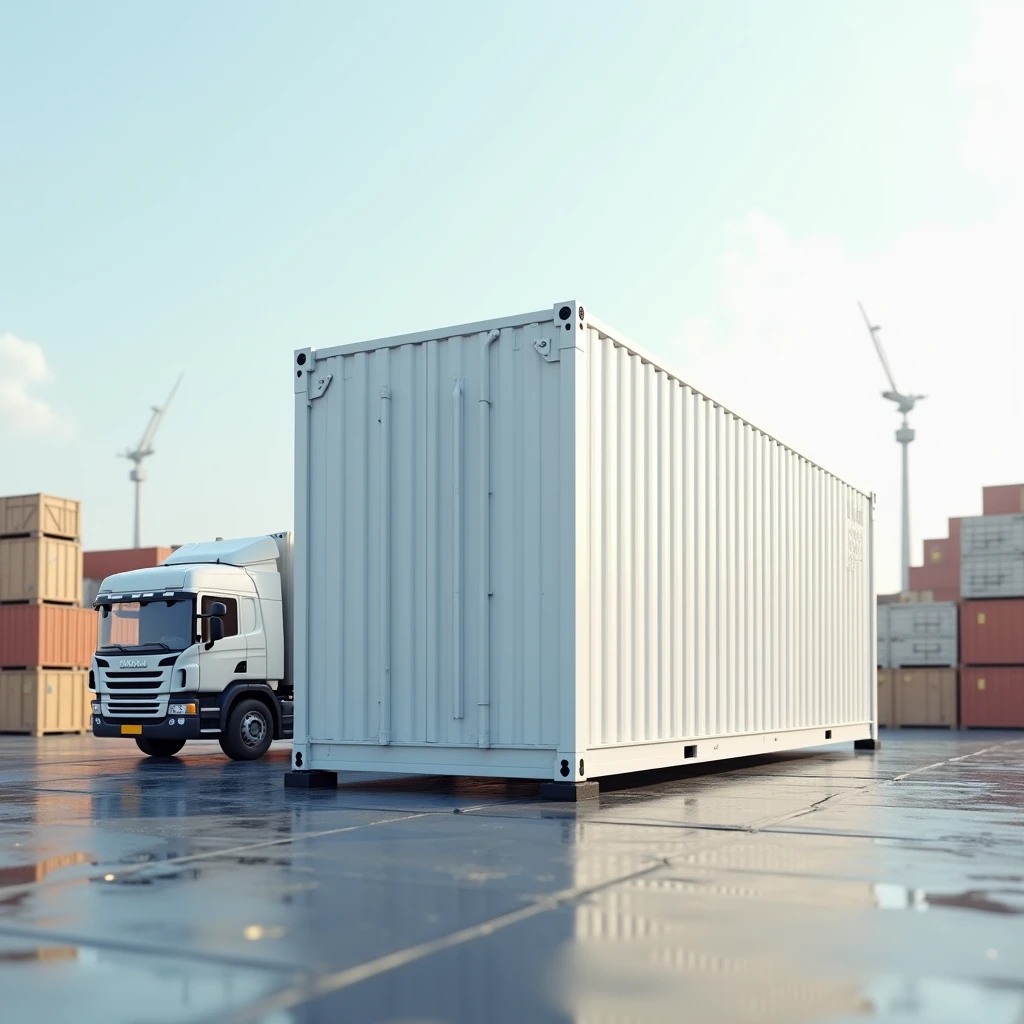 Hyper realistic image of one white cargo container viewed from afar close to one white logistics truck on shipment background
