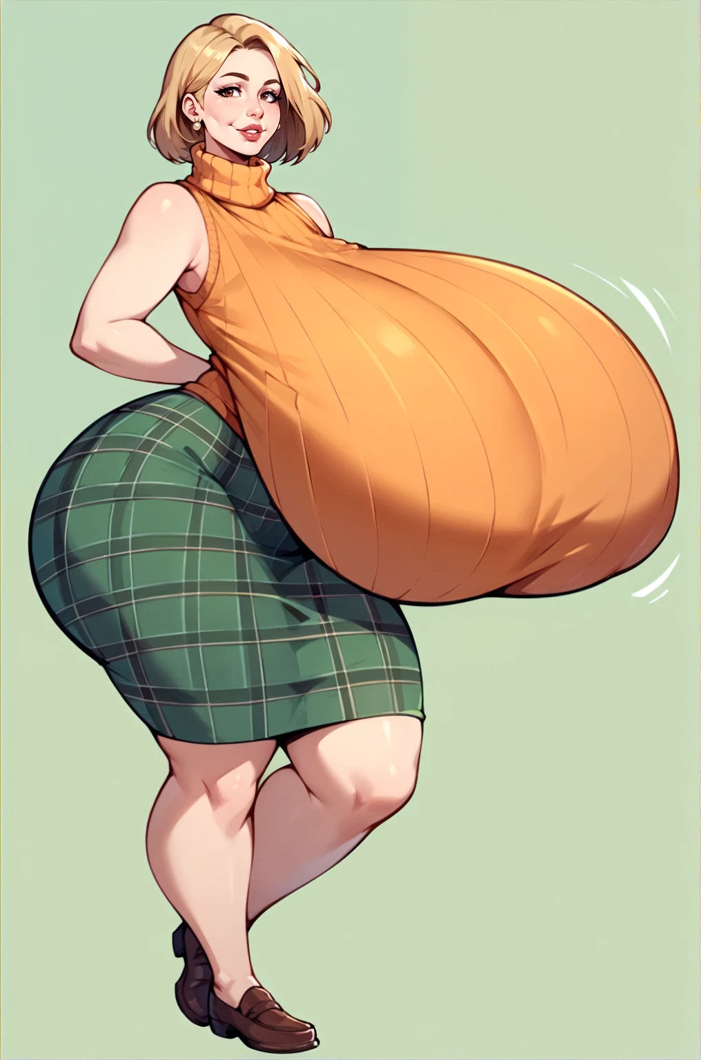 score_9, score_8_up, score_7_up, score_6_up, score_5_up, score_4_up, solo, thicc Ashely Graham from resident evil 4, ((mature mom)), short blonde hair, brown eyes, ((orange sleeveless turtleneck sweater with a burgundy sweater around her neck)), green plaid skirt, big thick full lips, ((pouted lips)), ((squinting eyes)), ((full body)), ((NSFW)), sexy, seductive, alluring, cute smile, joyful, (((fetish: breasts expansion))), (((gigantic breasts))), sagging breasts, big nipples, wide hips, thick thighs, huge ass