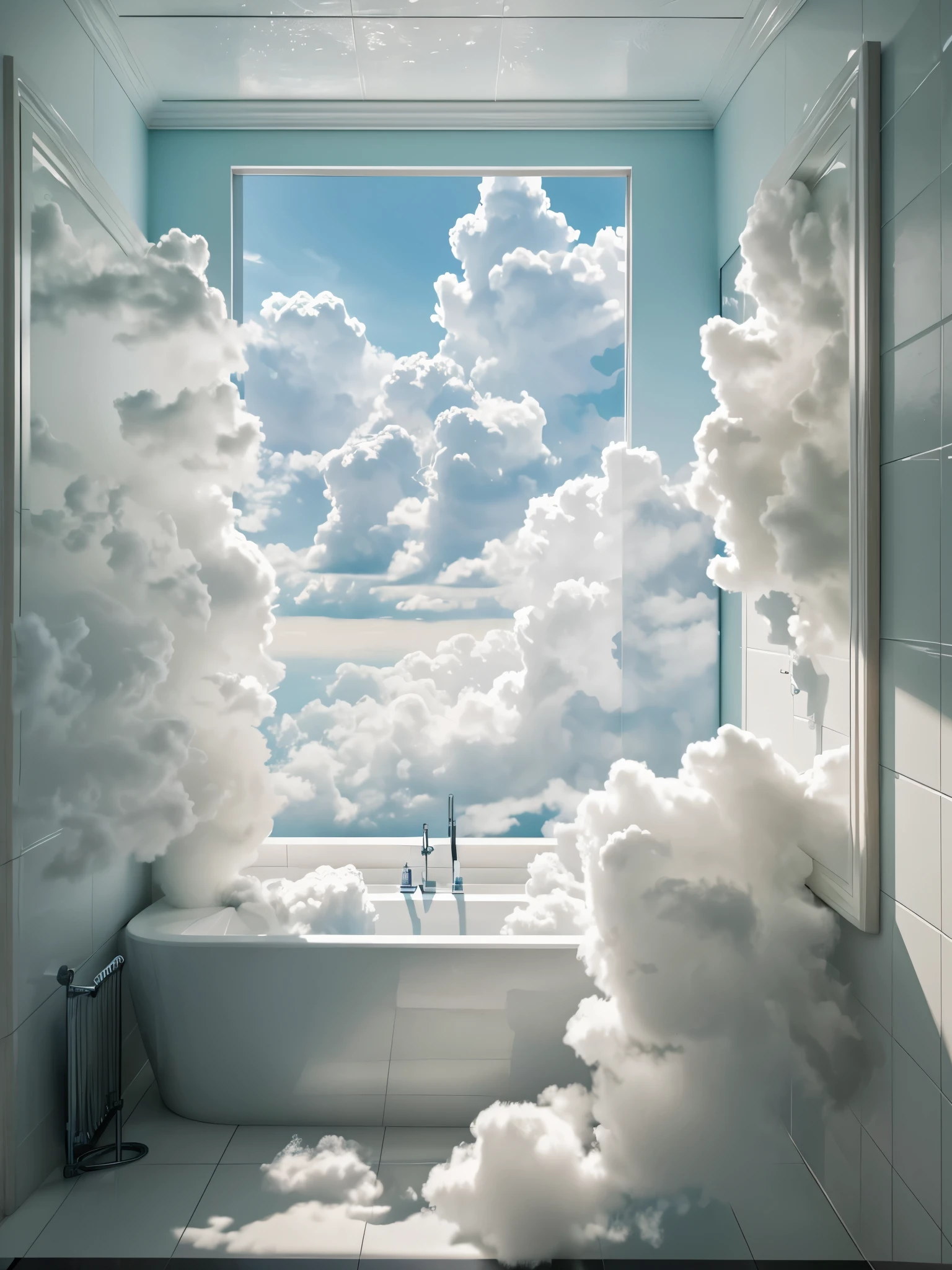 A bright and surreal bathroom filled with dense, fluffy clouds emerging from a large white bathtub, with more clouds flowing out of the window into the blue sky. The bathroom is modern and clean, with light blue walls and white tiles. The scene is lit by soft, natural daylight, creating a dreamlike atmosphere. (fluffy clouds), (dreamlike atmosphere), (soft natural daylight), (modern bathroom) | realistic clouds, high detail, cinematic lighting, photorealistic