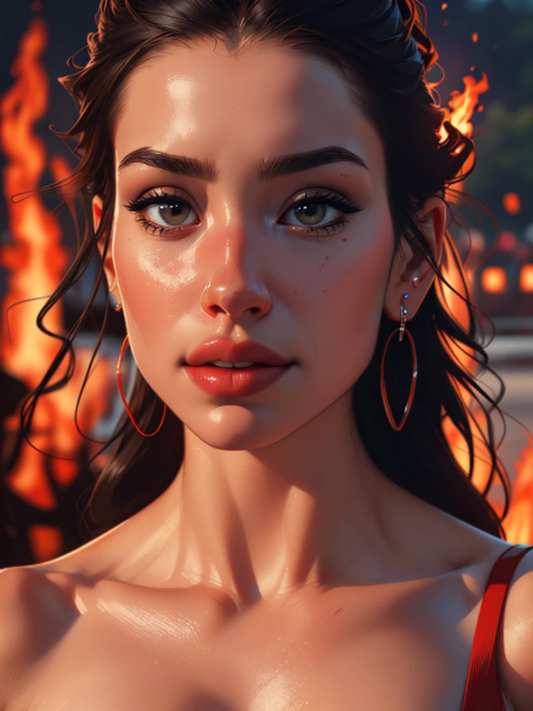 Best quality,masterpiece,ultra high res,(photorealistic:1.4)1girl,beautiful_face,detailed skin,full body,yuhuoshu,jewelry,solo,earrings,(fire:1.3),blurry,realistic,lips,