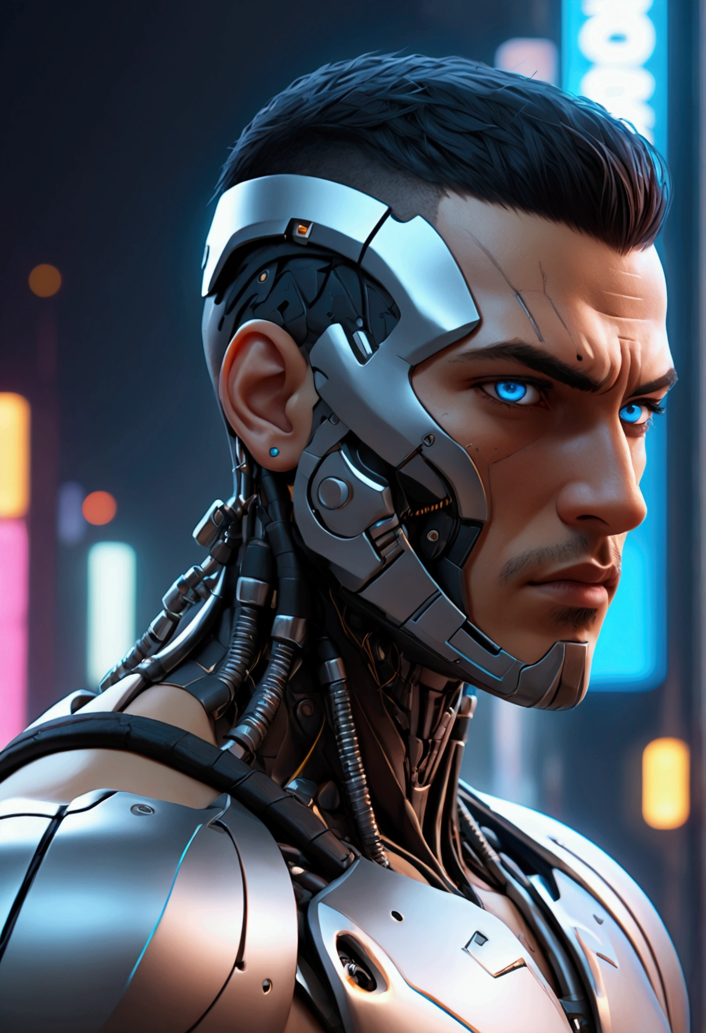 (best quality, Art, animation styling, Full of details), Upper body cut of a man with an Indian warrior feel, A man with a thick facial bone structure, A man with a thick neck and developed trapezius muscles, official anime art illustration, White person with blue eyes, Cartoon of a man wearing a mask on his face, protruding eyes, semi-realistic cyberpunk style, Portrait of a cyberpunk man, cyberpunk art ultrarealistic 8k, cyberpunk style , hyper realist, cyberpunk character, Trends in ArtStation, Complete movie character, Trends in ArtStation 4k, Cyberpunk Cyborg Upper Body, Realistic upper body like a movie, A perfectly realistic cyberpunk hero., inc썩음ibly detailed, 8k, Ultra HD, Art, best quality, very detailed, convoluted, Expressing the upper body, Show me your waist, Cyborg, a machine-to-human ratio, Chest area full of visible machine parts, Machine parts for abs too, All below the neck is mechanical, Attaching machine parts to the face, Strong light emission on waist belt, A brightly lit city background, dark colored machine, full body pose, whole body, Most of the body, except the face, is made of machines.