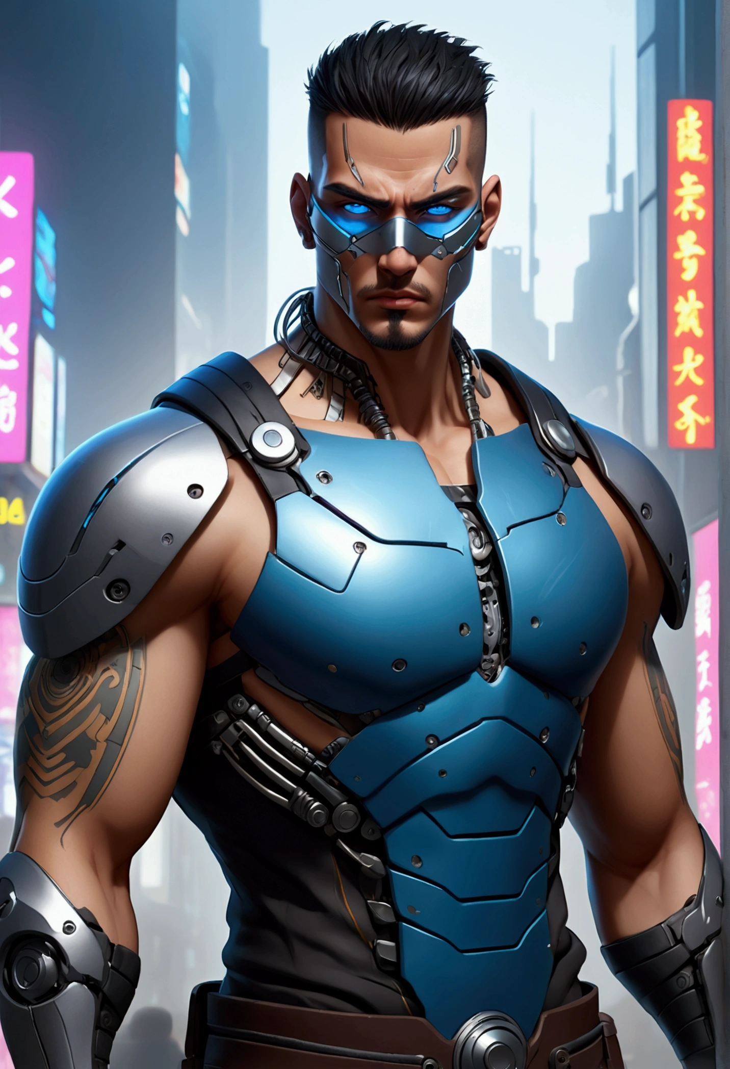 (best quality, Art, animation styling, Full of details), Upper body cut of a man with an Indian warrior feel, A man with a thick facial bone structure, A man with a thick neck and developed trapezius muscles, official anime art illustration, White person with blue eyes, Cartoon of a man wearing a mask on his face, protruding eyes, semi-realistic cyberpunk style, Portrait of a cyberpunk man, cyberpunk art ultrarealistic 8k, cyberpunk style , hyper realist, cyberpunk character, Trends in ArtStation, Complete movie character, Trends in ArtStation 4k, Cyberpunk Cyborg Upper Body, Realistic upper body like a movie, A perfectly realistic cyberpunk hero., inc썩음ibly detailed, 8k, Ultra HD, Art, best quality, very detailed, convoluted, Expressing the upper body, Show me your waist, Cyborg, a machine-to-human ratio, Chest area full of visible machine parts, Machine parts for abs too, All below the neck is mechanical, Attaching machine parts to the face, Strong light emission on waist belt, A brightly lit city background, dark colored machine, full body pose, whole body, Most of the body, except the face, is made of machines.